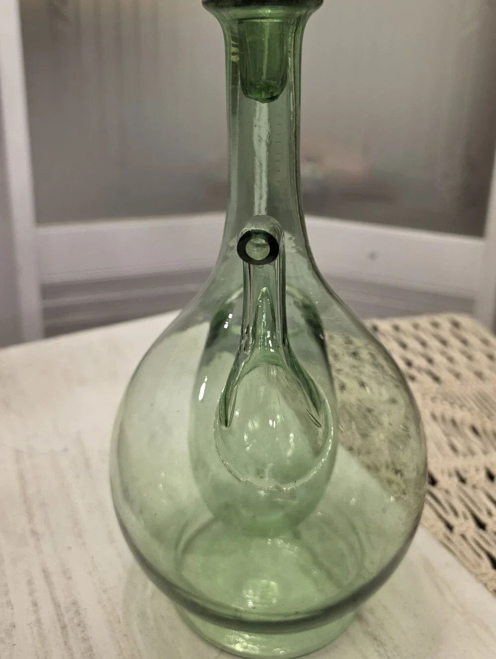 Vtg Italian Green Glass Wine Decanter Ice Chamber Chiller Spout MCM Stopper 14”